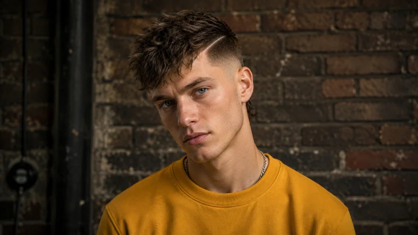 Textured Crop Burst Fade Hard Part haircut with choppy textured top, sharp hard part line, clean burst fade, and industrial brick wall background.