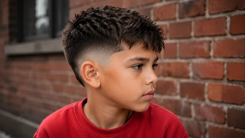 Textured crop burst fade haircut for kids with choppy textured top and sharp fade.