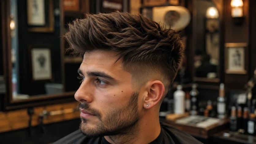 Textured quiff haircut for men with choppy layers, defined texture, matte finish, and faded sides in a luxury barber shop.