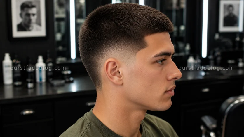 **Alt Text:**
Thick Hair Burst Fade Buzz Cut featuring dense hair texture, strong fade contrast, and a clean side profile in a contemporary barber shop.
