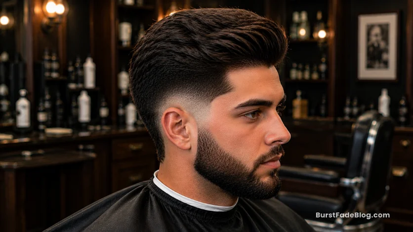 "Thick Hair Burst Fade Comb Over haircut with voluminous top and sharp fade"
