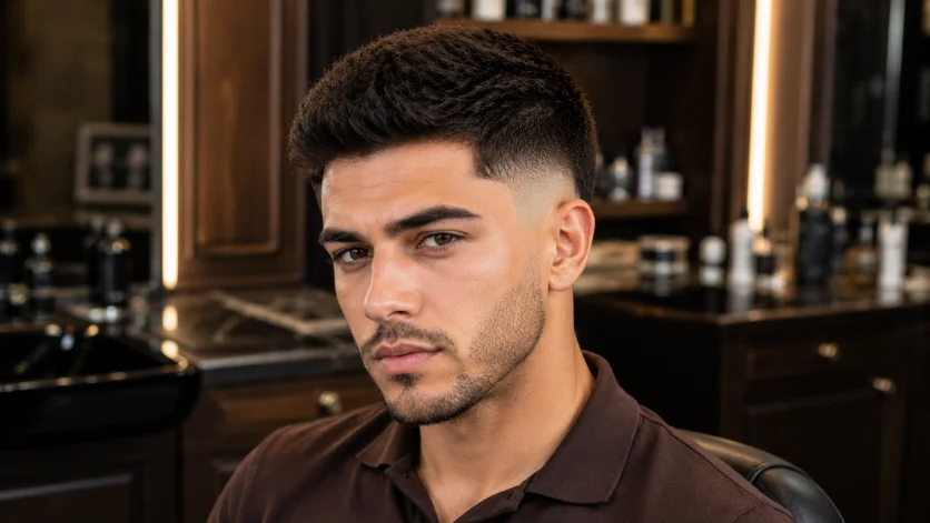 Thick hair burst fade crew cut with a full textured top and sharp fade.