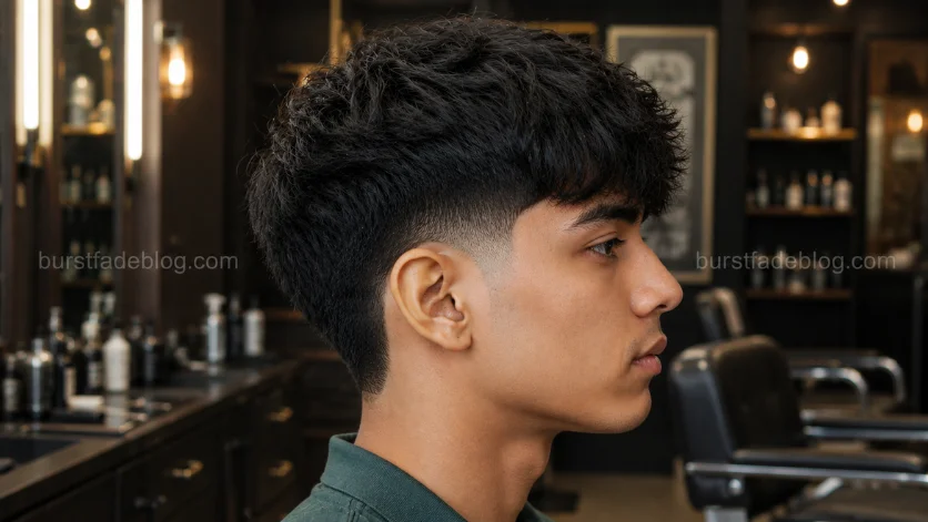 Thick Hair Burst Fade Edgar haircut with a full textured top and clean burst fade on a South Asian male model.