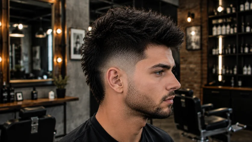 **Alt Text:** Thick Hair Burst Fade Faux Hawk haircut with dense textured hair, full volume on top, perfectly blended burst fade, and modern styling in an upscale industrial grooming studio.