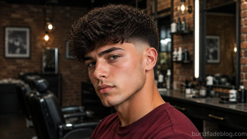 Thick Hair Burst Fade Fringe haircut with voluminous textured fringe and clean burst fade.