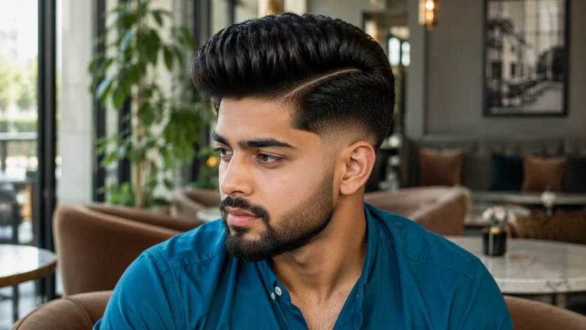 Thick Hair Burst Fade Hard Part haircut with voluminous top and clean burst fade.