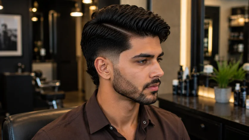 Thick hair burst fade side part haircut on stylish man in dark brown shirt, textured men's hairstyle with clean fade in a premium salon.