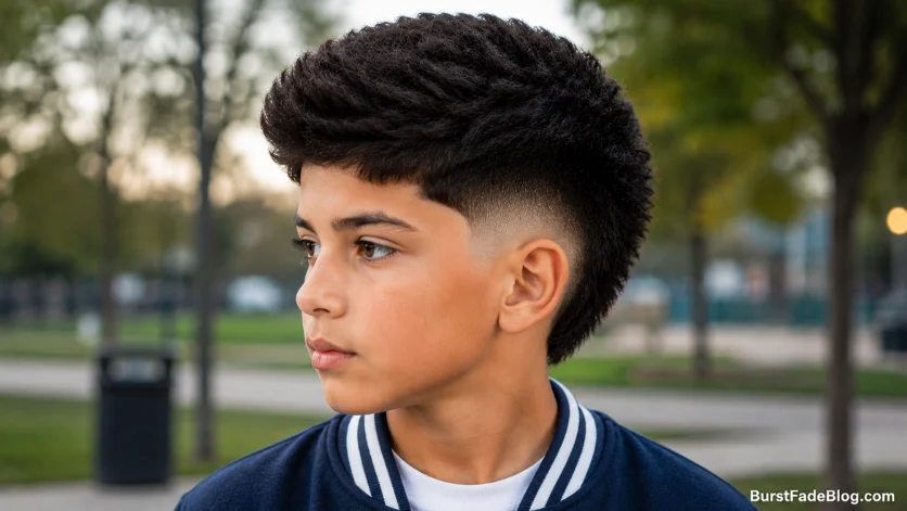 Thick hair burst fade haircut for kids with dense textured hair and clean faded sides.