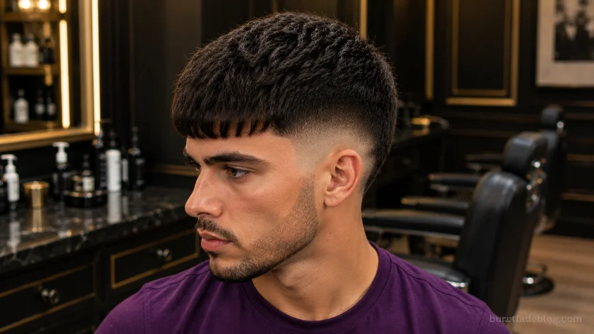 Thick Hair Caesar Fade haircut with dense textured top and clean burst fade in a luxury barbershop.