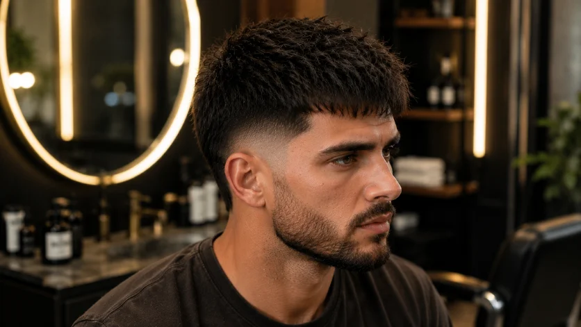  Thick Hair French Crop Fade with dense textured top and clean burst fade,