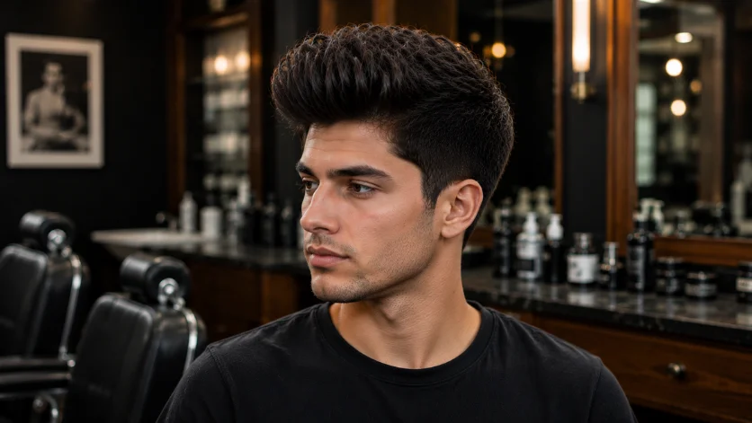 Thick hair quiff haircut for men with dense texture, full-bodied volume, and premium styling in a luxury barbershop.