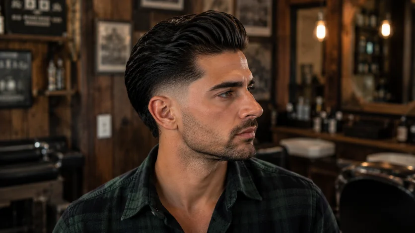 Thick hair slick back burst fade haircut for men with voluminous slicked-back hair, high burst fade, dark green flannel shirt, and rustic barbershop background.