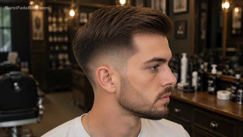 "Thin Hair Burst Fade Comb Over haircut with added volume and clean fade."