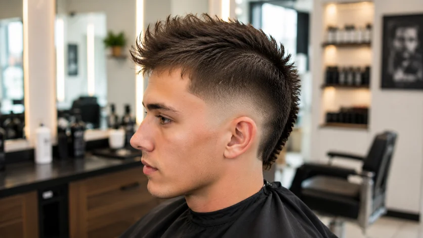Thin Hair Burst Fade Faux Hawk haircut with lightweight texture, added volume, and clean burst fade.