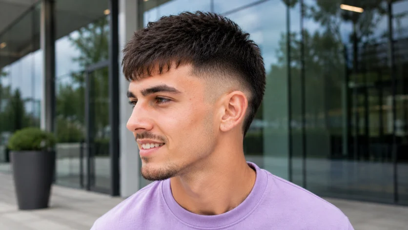 Thin Hair Burst Fade Textured Crop hairstyle for men.