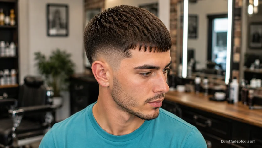 Thin Hair Caesar Fade haircut with textured crop and burst fade.