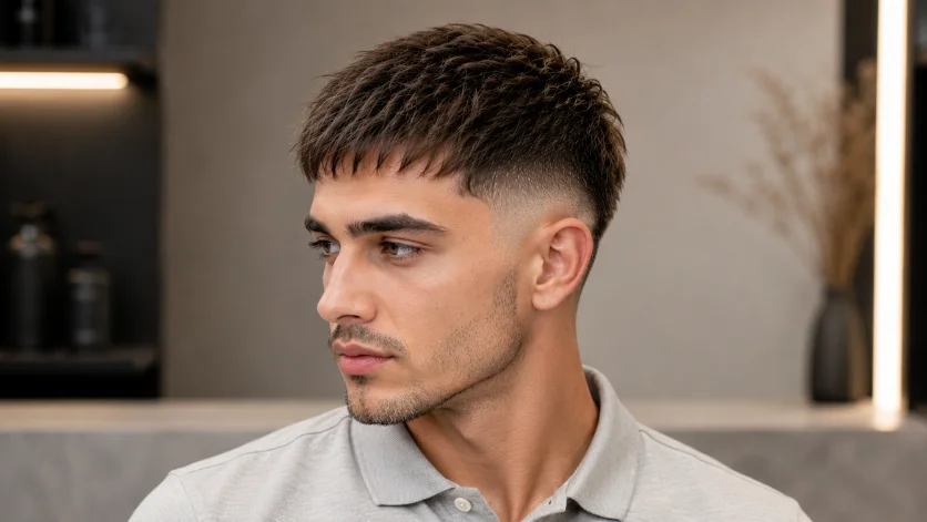 Thin Hair French Crop Fade haircut with volume-enhancing textured top and subtle burst fade