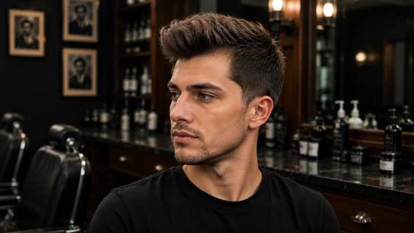 Thin hair quiff haircut for men with lightweight texture, volume-enhancing styling, and a fuller modern appearance in a luxury barbershop.