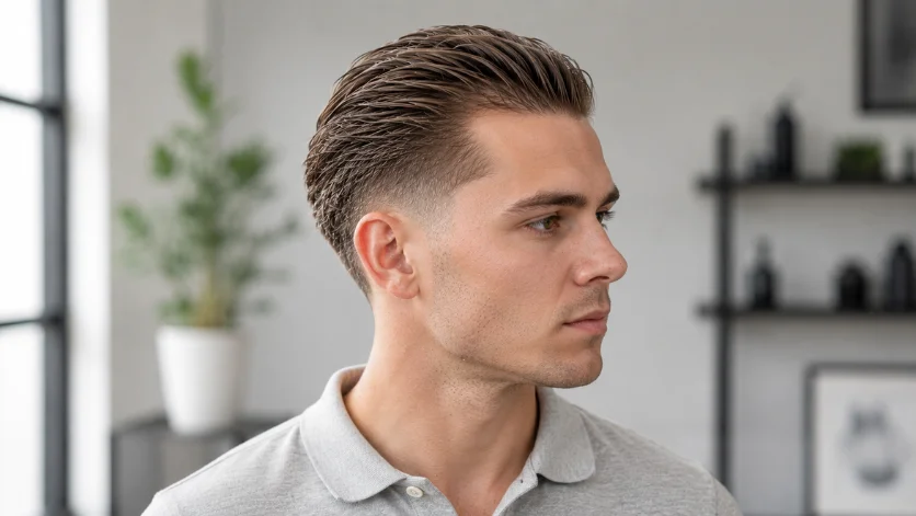 Thin Hair Slick Back Burst Fade with volume-enhancing slicked-back top, low burst fade around the ears, and a fuller look for fine hair.