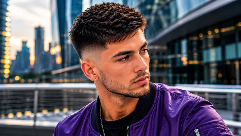 Trendy burst fade crew cut with a textured top and blended burst fade.