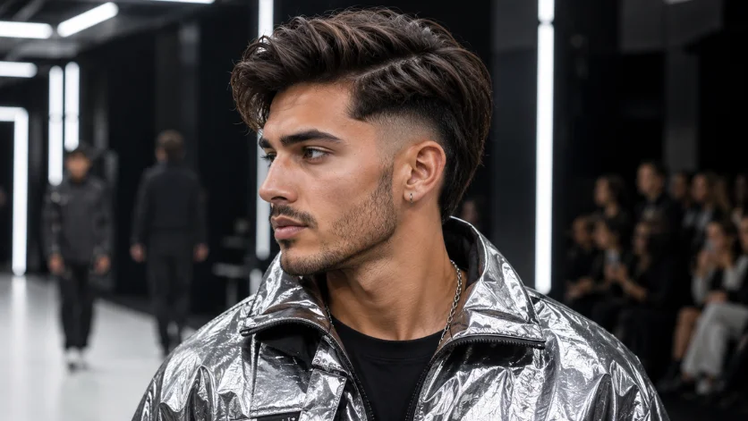 Trendy 2026 burst fade side part haircut with textured volume, silver jacket, and modern fashion runway background.
