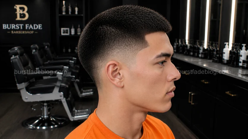 **Alt Text (SEO Optimized):**
Trendy Burst Fade Buzz Cut haircut with a crisp burst fade, modern buzzed top, and Gen Z-inspired styling in a contemporary barbershop.
