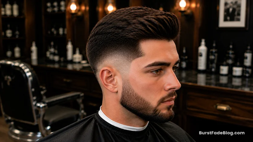 "Trendy Burst Fade Comb Over haircut with textured styling and sharp fade"