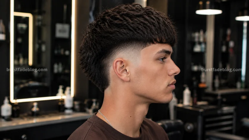 Trendy Burst Fade Edgar haircut with stylish texture and sharp burst fade, side profile in a high-end barbershop.