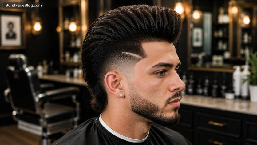 "Trendy Burst Fade Pompadour haircut with modern styling in luxury barber shop."