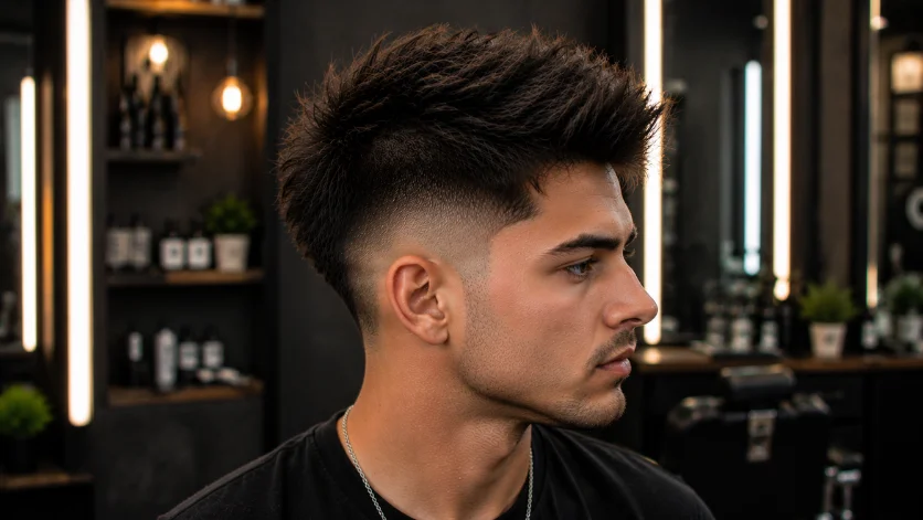 Trendy Faux Hawk haircut with sharp burst fade and textured volume.