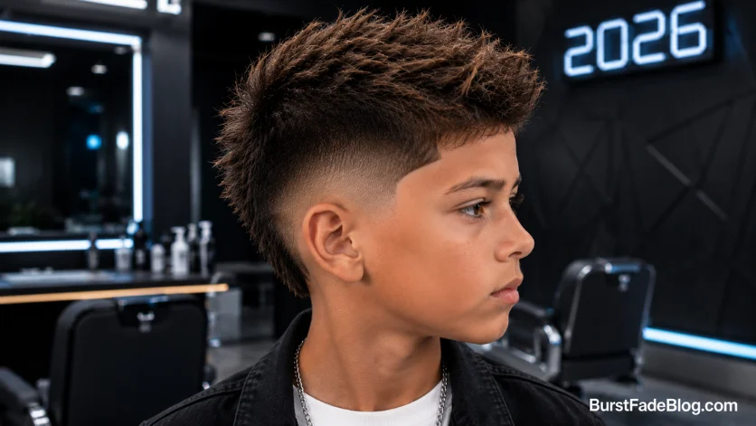 Trendy kids burst fade haircut for 2026 with a textured top and smooth faded sides.