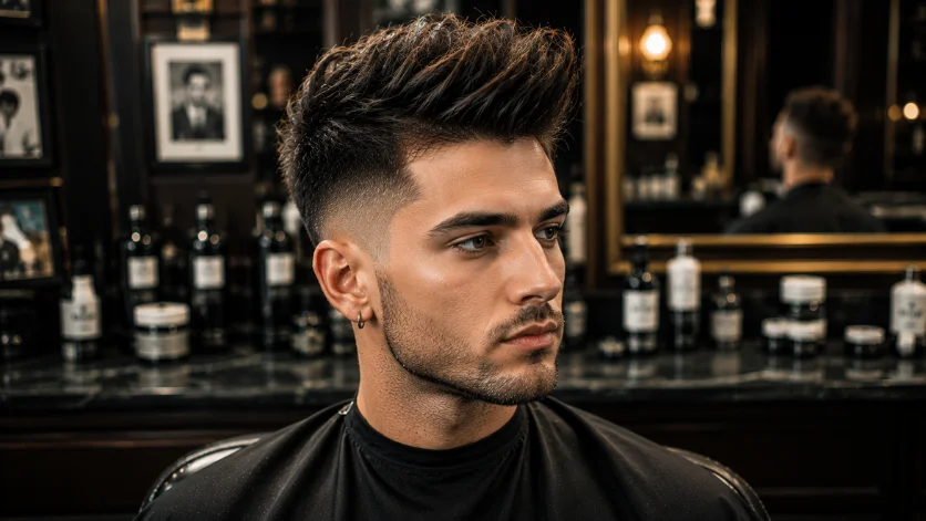 **SEO Optimized Alt Text:**
Trendy quiff haircut for men with a textured finish, modern volume, clean fade, and a stylish 2026 barber shop look.