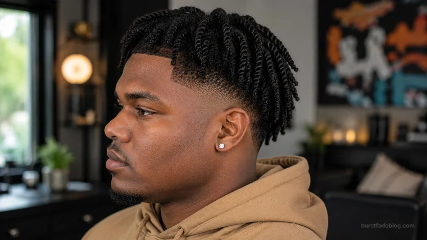 Twists with burst fade for Black men featuring two-strand twists, sharp lineup, and clean fade.