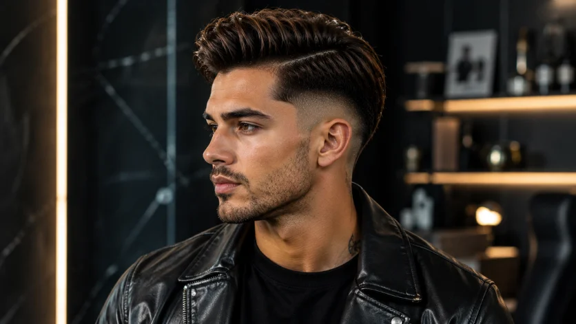 Ultimate burst fade side part haircut with flawless fade, black leather jacket, and luxury modern studio background.
