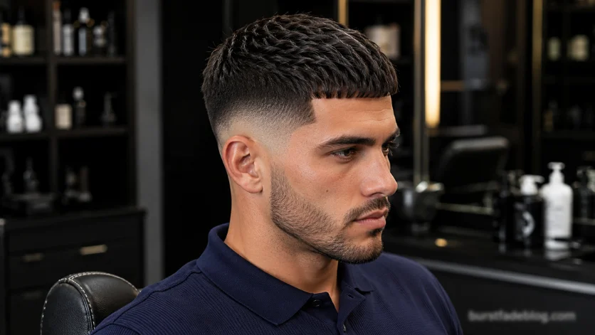 Ultimate Modern Caesar Fade haircut with textured crop and burst fade.