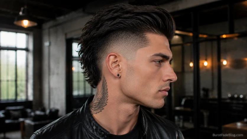 Undercut Burst Fade haircut with long textured top, clean burst fade, and dramatic undercut contrast in side profile.
