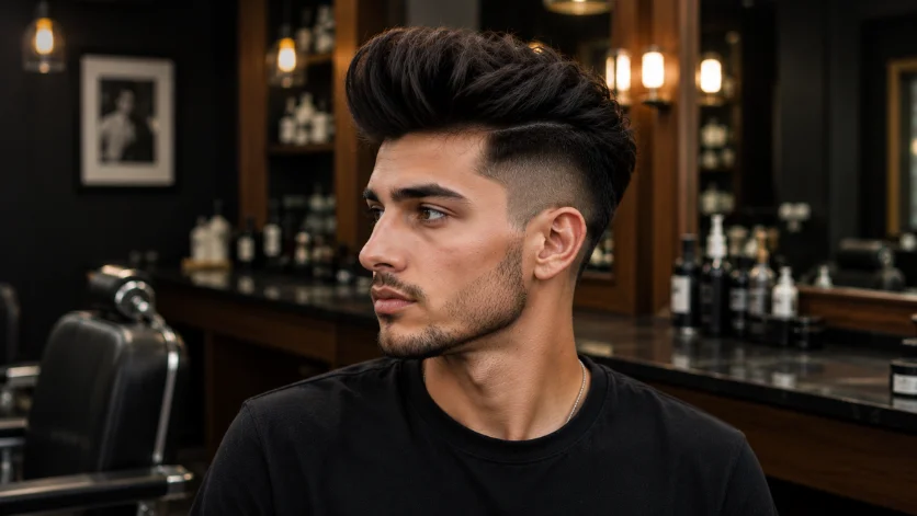 Undercut quiff haircut for men with disconnected sides, thick textured volume, and bold modern contrast in a luxury barbershop.