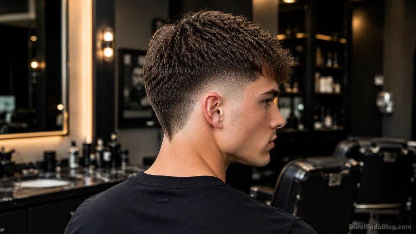 V shape burst fade haircut with a sharp V-shaped neckline, clean burst fade around the ears, and rear three-quarter view in a luxury barbershop environment.