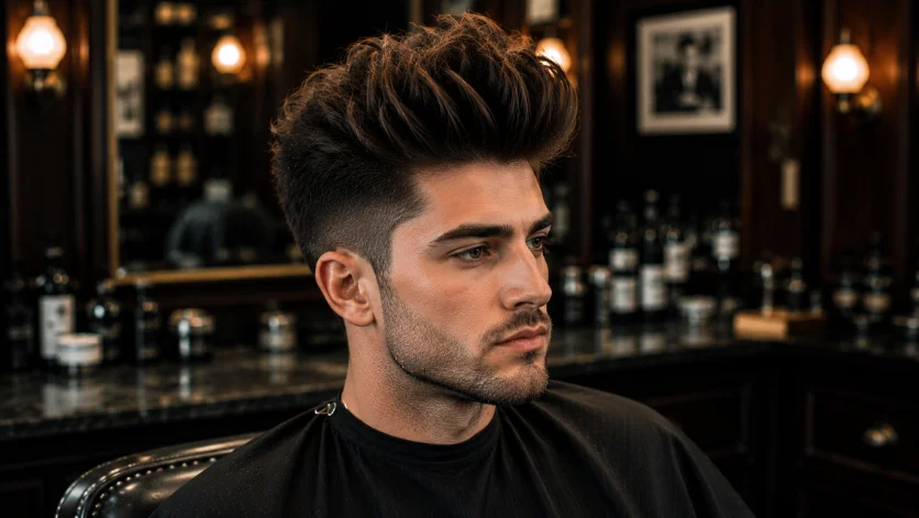 **SEO Optimized Alt Text:**
Volume quiff haircut for men with maximum lift, thick texture, dramatic fullness, and a modern luxury barber shop finish.