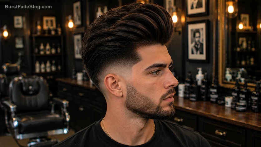"Voluminous Burst Fade Comb Over haircut with high volume top and sharp fade."
