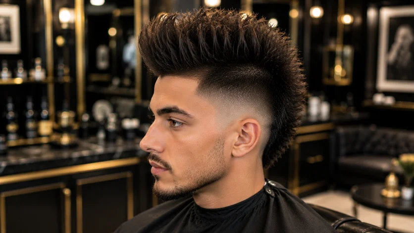 Voluminous Faux Hawk Fade haircut with maximum height, dramatic texture, and clean burst fade.