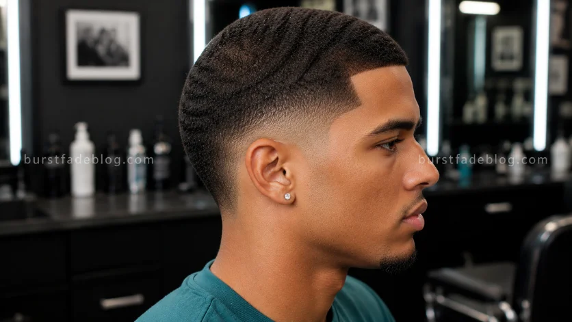 **Alt Text:**
Wavy Burst Fade Buzz Cut featuring natural waves on top, a clean burst fade around the ears, and a sharp side profile in a modern barber shop.
