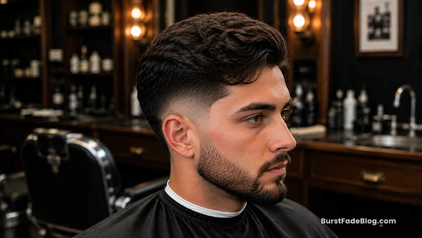 "Wavy Burst Fade Comb Over haircut with natural waves and sharp fade"