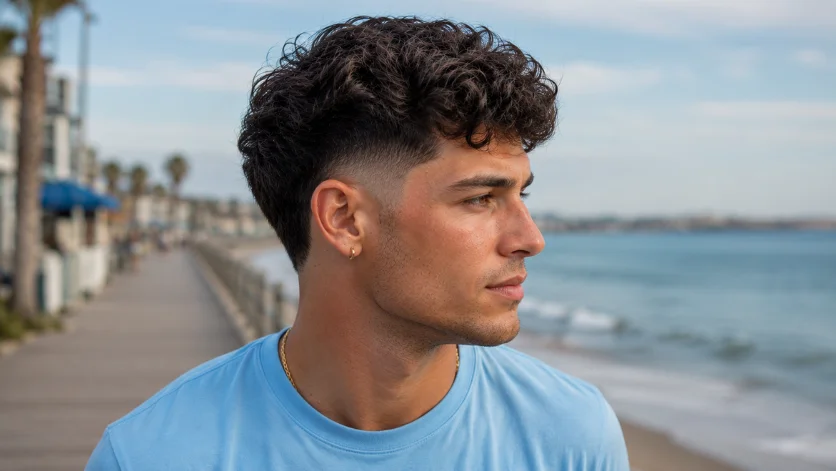 Wavy Burst Fade Crew Cut with natural waves and a clean burst fade.