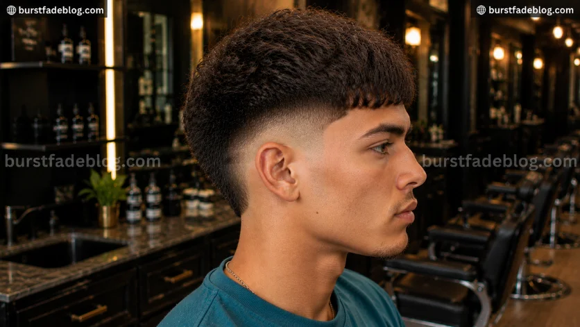 Wavy Burst Fade Edgar haircut with soft textured waves and clean burst fade, right-side profile