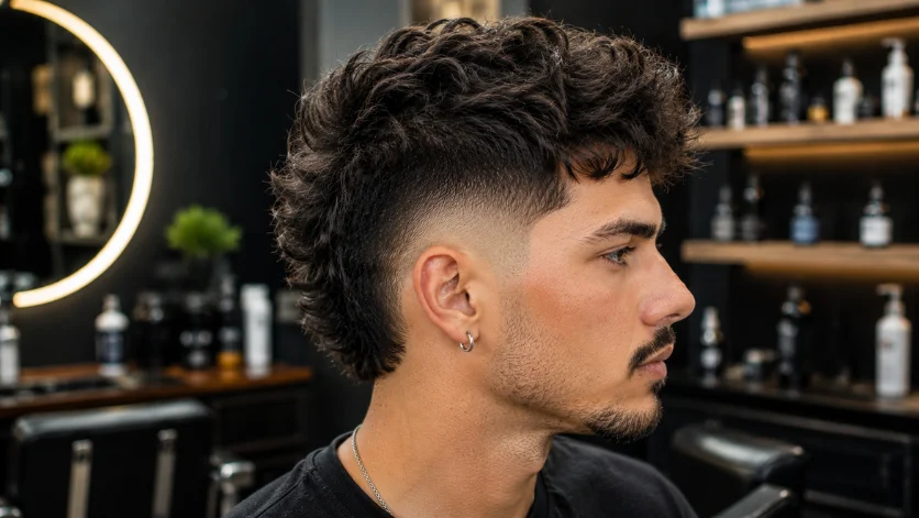 **Alt Text:**
Wavy Burst Fade Faux Hawk haircut with natural waves, textured faux hawk styling, and clean burst fade in an upscale men's salon.
