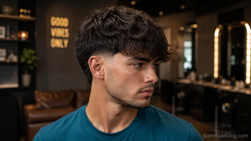 Wavy Burst Fade Fringe haircut with natural waves and stylish fringe.