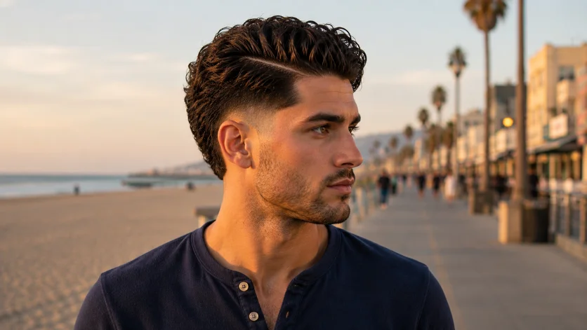 Wavy Burst Fade Hard Part haircut with natural flowing waves, defined hard part line, clean burst fade, and beach boardwalk background in warm evening light.