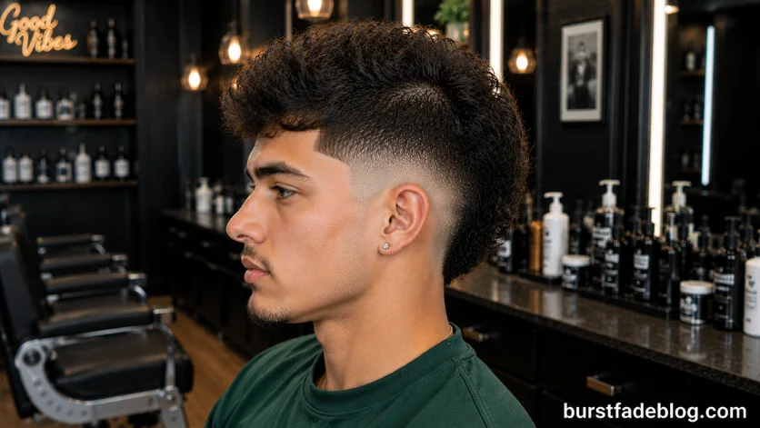 Wavy Burst Fade Mohawk featuring natural waves, a clean burst fade around the ears, 