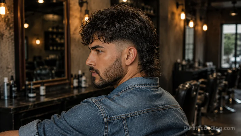Modern wavy burst fade mullet with textured back.